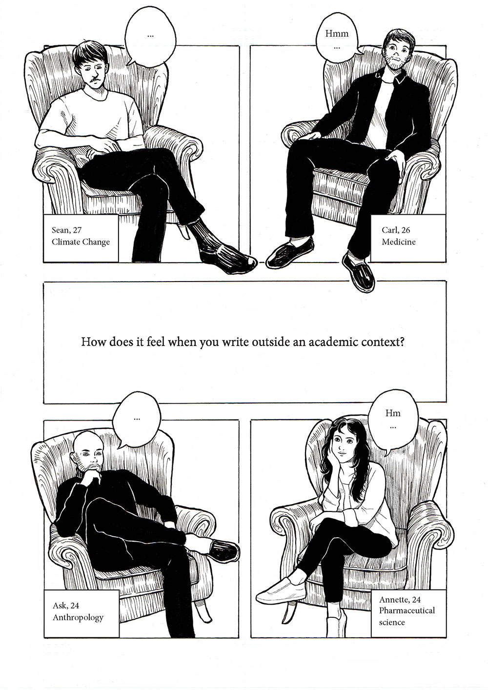 Four students are sitting at a table looking thoughtful. Speech bubbles: "How does it feel when you write outside an academic context? ... Hmm ... Hm ...". Names: Sean, 27 (Climate Change); Carl, 26 (Medicine); Ask, 24 (Anthropology); Annette, 24 (Pharmaceutical Science).