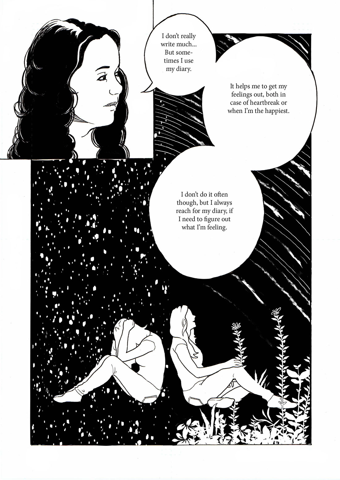 Annette is sitting with her diary, she looks thoughtful. Speech bubbles: "It helps me to get my feelings out, both in case of heartbreak or when I’m the happiest. I don’t do it often though, but I always reach for my diary, if I need to figure out what I’m feeling. I don’t really write much... But sometimes I use my diary."