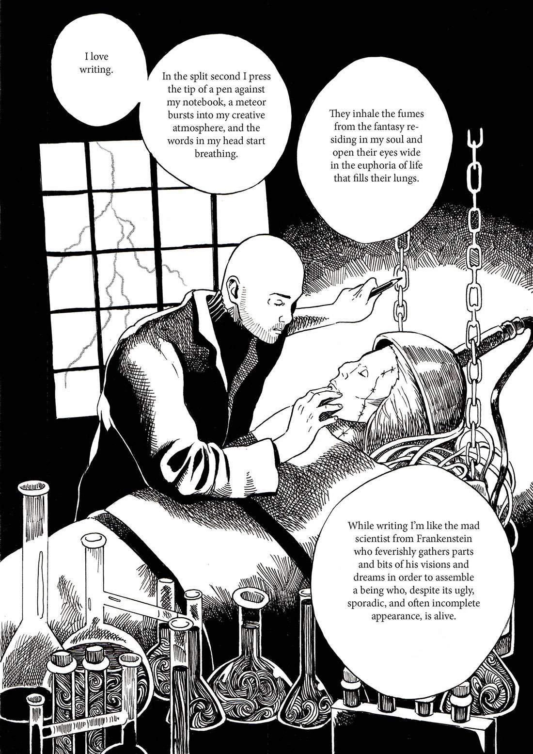 Ask is writing in his diary, surrounded by imaginative characters. Speech bubbles: "Ask: Diary. However, Alle: My friends have substituted my diary. In the split second I press the tip of a pen against my notebook, a meteor bursts into my creative atmosphere, and the words in my head start breathing. While writing I’m like the mad scientist from Frankenstein who feverishly gathers parts and bits of his visions and dreams in order to assemble a being who, despite its ugly, sporadic, and often incomplete appearance, is alive. They inhale the fumes from the fantasy residing in my soul and open their eyes wide in the euphoria of life that fills their lungs. I love writing."