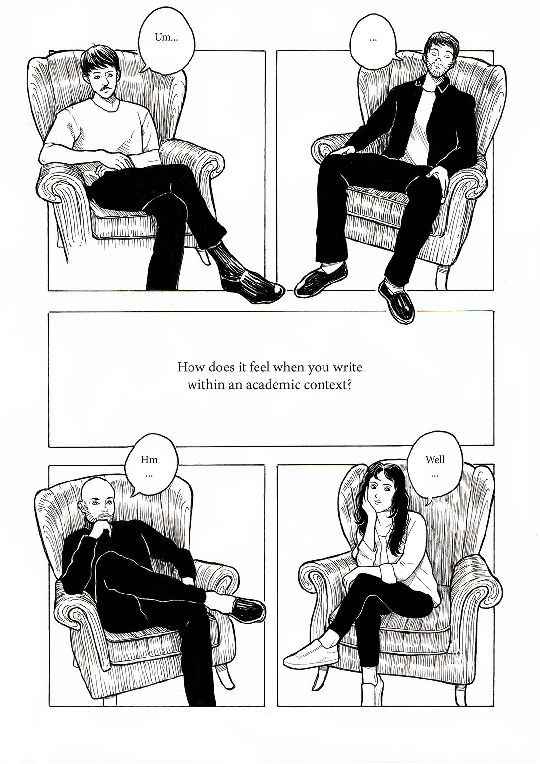 Students look frustrated in front of computers. Speech bubbles: "How does it feel when you write within an academic context? Um... Hm... Well..."