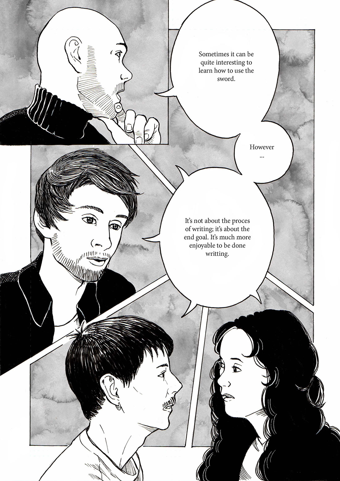 Ask and friends discuss writing. Speech bubbles: "Ask: Elaborate. Everyone: It’s definitely more fun to be done writing. Sometimes it can be quite interesting to learn how to use the sword. However... It’s not about the process of writing; it’s about the end goal. It’s much more enjoyable to be done writing."