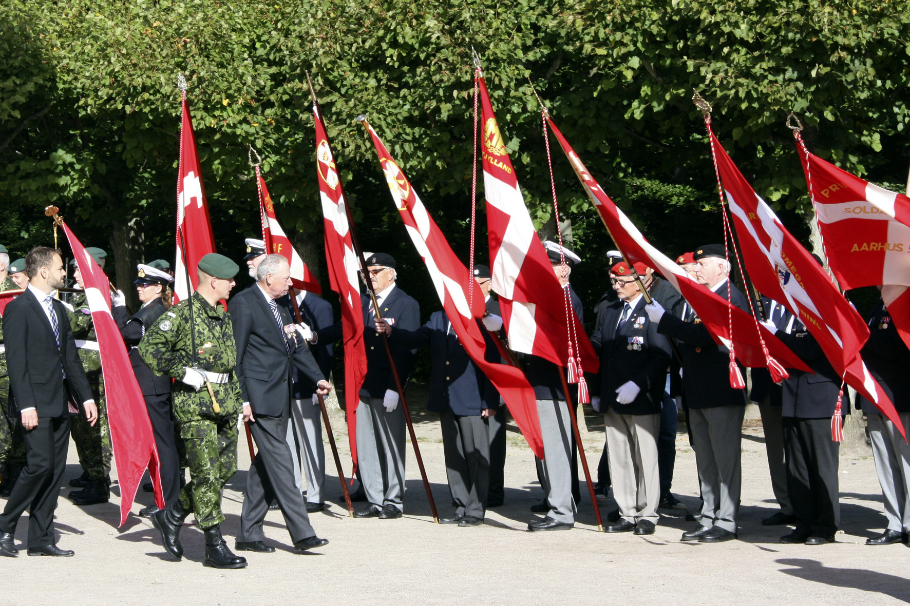 His Excellency count Ingolf inspects a line of standards held by members of local ex-servicemen’s clubs, the Memorial Park in Aarhus. Photo by Mads Daugbjerg